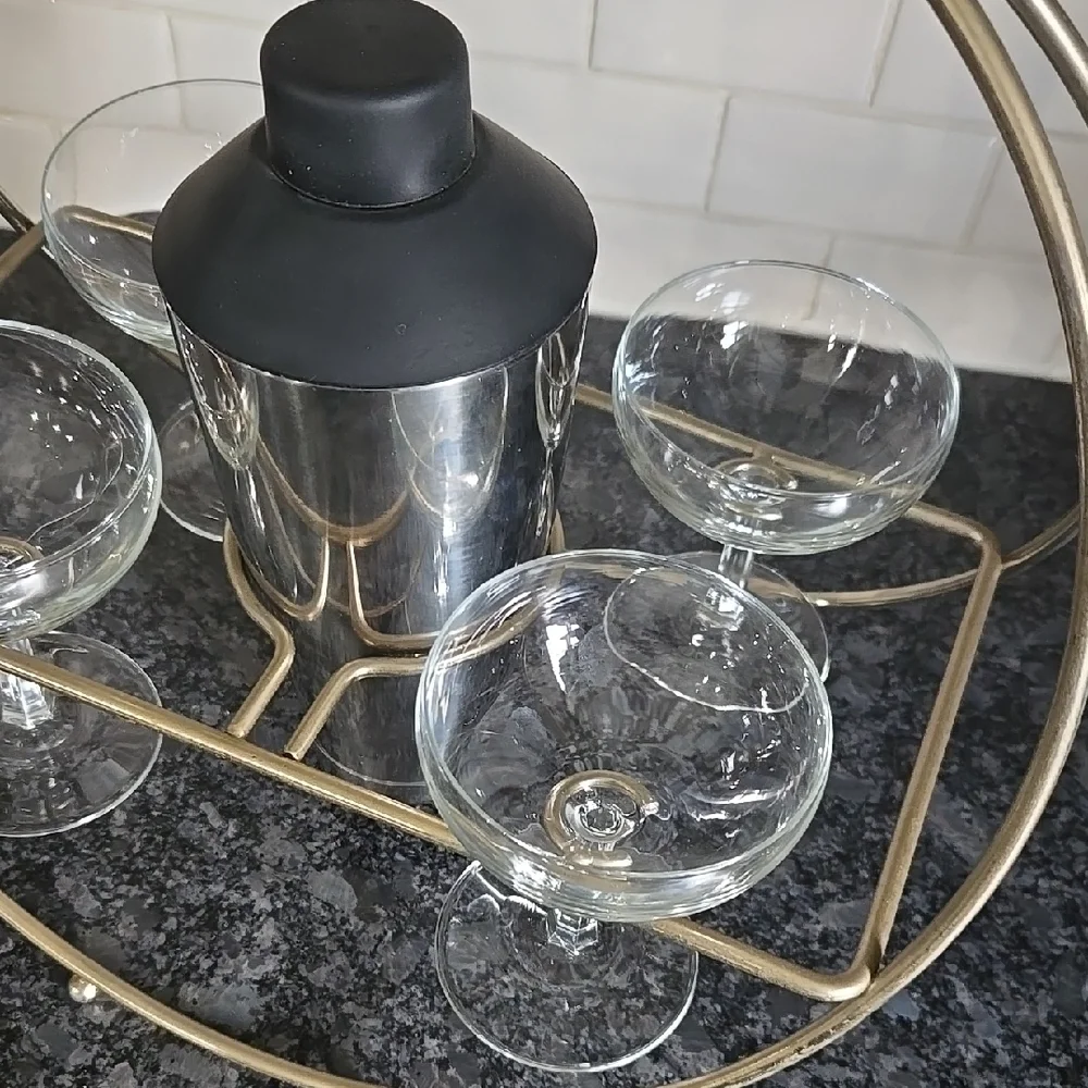 Vintage Brass Cocktail Carrier with Glasses and Shaker